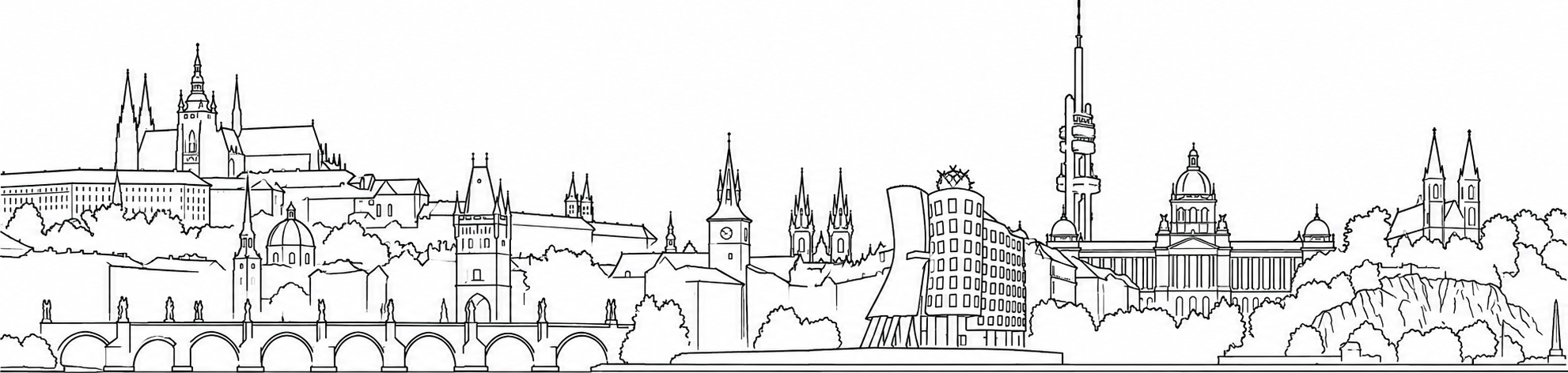 Panorama Prahy – Pražský hrad, Karlův most, Tančící dům, Žižkovská věž